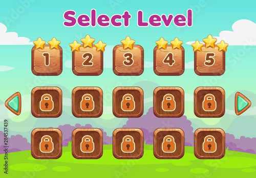 Cartoon level selection game screen. Wooden gui set.