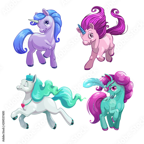 Funny unicorns. Little cute cartoon pony princess set.