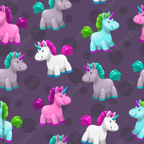 Seamless pattern with cute cartoon colorful unicorn toys.
