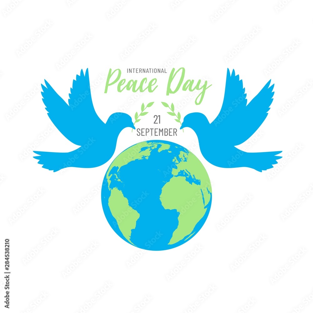 International peace day with doves, olive branches and earth