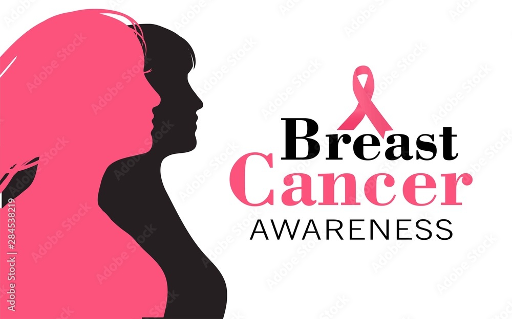 Breast Cancer Awareness  banner with women's silhouettes and Awareness Ribbon. African woman
