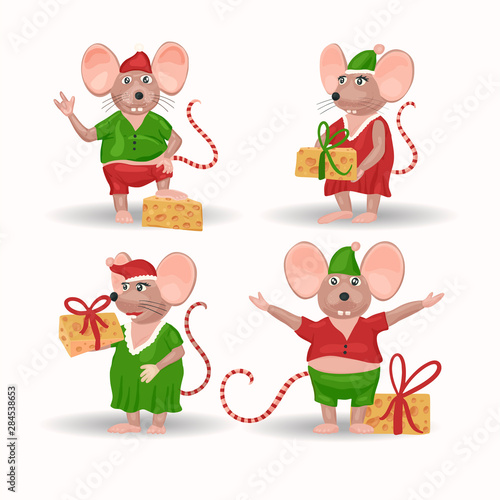 Christmas vector mouse set. Cartoon ret illustration. Holiday and New Year animal collection. Funny icons.