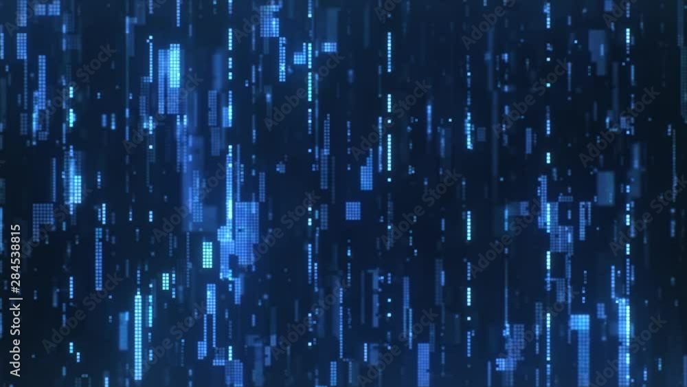 The abstract high-tech digital background represents big data processing. Flying through the bright blue flickering pixels combined into matrices randomly spaced over a dark background. The abstract high-tech digital background represents big data processing. Flying through the bright blue flickering pixels combined into matrices randomly spaced over a dark background.