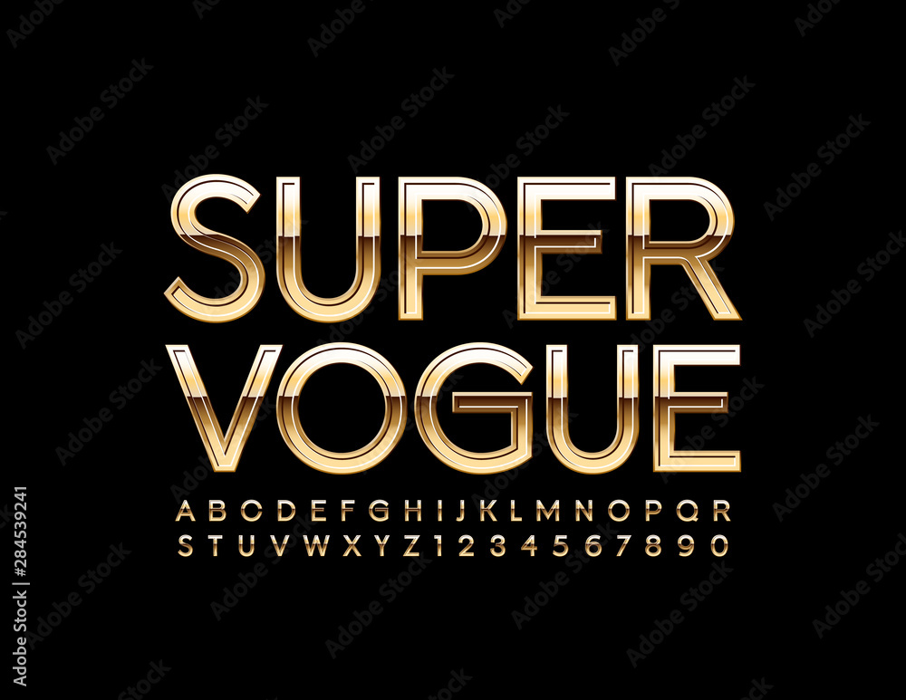 Vector Gold emblem Super Vogue with Elegant Alphabet Letters and Numbers. SHiny elite Font Vector Gold emblem Super Vogue with Elegant Alphabet Letters and Numbers. SHiny elite Font