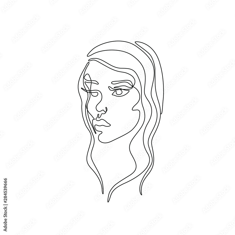 Continuous line drawing, woman abstract portrait, face of the girl is a single line on a white background, tattoo, print for clothes and logo design, Vector illustration. Continuous line drawing, woman abstract portrait, face of the girl is a single line on a white background, tattoo, print for clothes and logo design, Vector illustration.