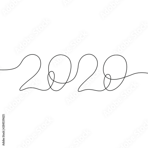  2020 inscription,  continuous line drawing, calendar design postcard banner, calligraphy year of the rat sign lettering, two thousand and twenty single line on white background, vector lillustration.