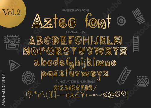 Tribal Aztec Alphabet. Vector ethnic letters with peru decorations. Decorative hand drawn geometric ABS letters for your design.