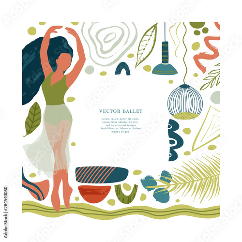 Ballet dancer girl poster. Ballerina card with place for your text and abstract vector floral illustrations. Flat and Hand drawn brush ink textured art.