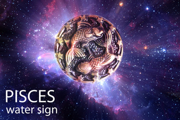 Zodiac sign symbol Pisces over stars and galaxy like astrology concept 