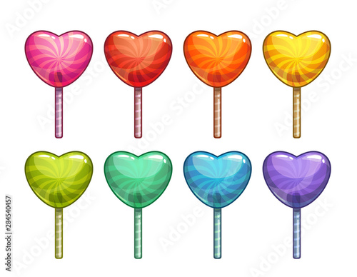 Cartoon colorful heart shaped lollipops set. Candy icons collection.