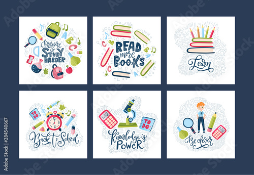 Vector school card set. Back to school poster collection with education supplies, books and lettering quotes in cartoon flatt and doodle style. Stationery illustration.