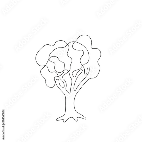 Tree continuous line drawing, tattoo, print and logo design, silhouette single line on a white background, isolated vector illustration.