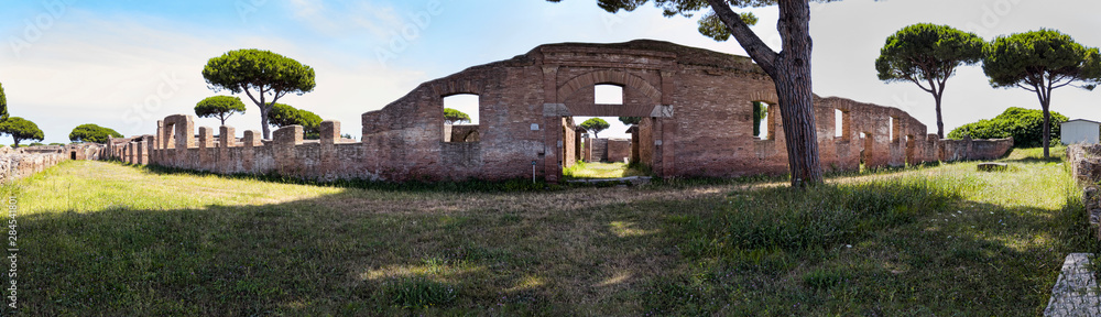 Panoramic 180 degrees outside the Garden Houses located in the archaeological excavations of Ostia Antica in Rome Panoramic 180 degrees outside the Garden Houses located in the archaeological excavations of Ostia Antica in Rome