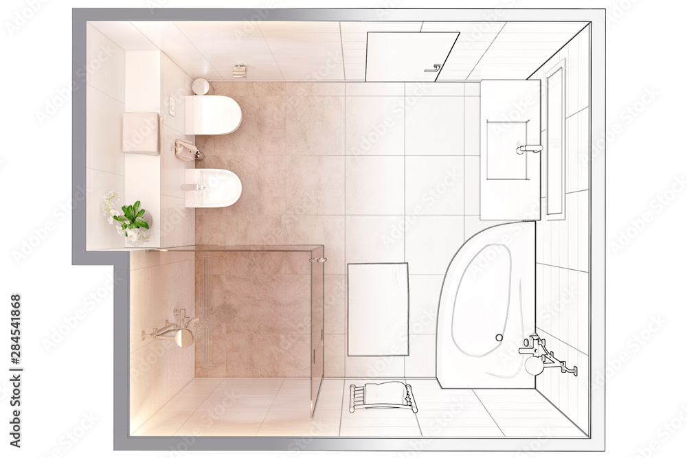 3d illustration. Sketch of modern bathroom interior turns into a real