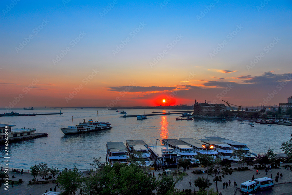 Istanbul, Turkey, 30 April 2008: City Lines, Ship Port and Sunset at Kadikoy
