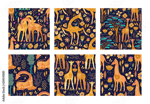 Seamless patten vector set with cute hand drawn ornate giraffes in scandinavian style. Africa animal background collection. Summer safari fashion flat giraffe illustrations.