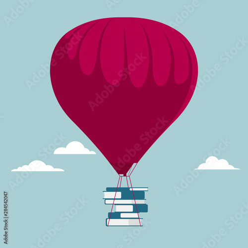 Transport books using hot air balloons. Isolated on blue background.