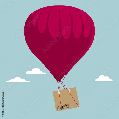 Transport cargo using hot air balloons. Isolated on blue background.