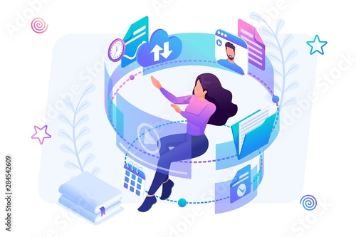 Isometric concept young girl in the process of learning through the Internet, watching educational videos, reading books. Concept for web design