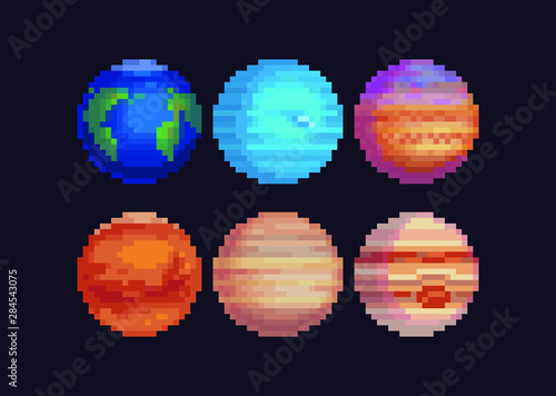 Planets pixel art set. 80s video game sprites. Solar system objects, flat style. Various space planets, Sci-fi, fantastic world vector icons. Cosmic collection for game design.