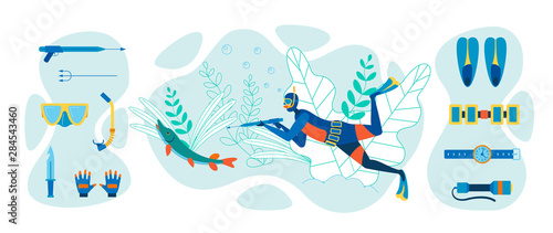 Underwater Spearfishing Equipment Flat Vector Set