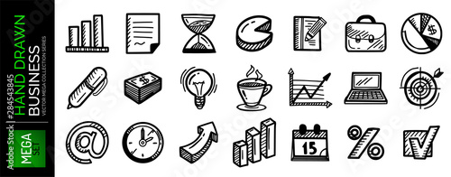 Set of hand drawn business icons. Charts, graphs, clock, pen, light bulb idea, email, percent, date, growth, target and other concepts. Sketch doodles