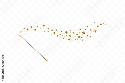 Magic wand with a stars on transparent background. Trace of gold dust. Magic abstract background isolated. Miracle and magic. Vector illustration flat design