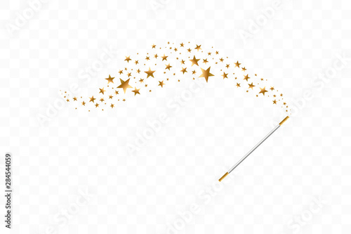Magic wand with a stars on transparent background. Trace of gold dust. Magic abstract background isolated. Miracle and magic. Vector illustration flat design