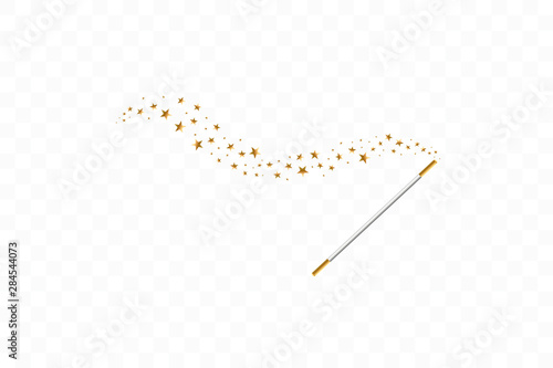 Magic wand with a stars on transparent background. Trace of gold dust. Magic abstract background isolated. Miracle and magic. Vector illustration flat design