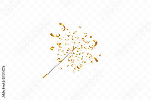 Magic wand with confetti isolated on transparent background. Golden ribbons. Festive vector illustration © tanandaa