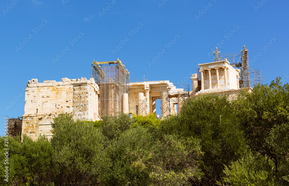 Scaffolding and repair work in Niki Apteros Temple and Pinacoteca in the Greek Acropolis, Greece