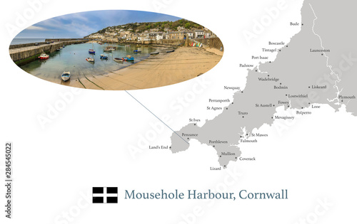 Map of Cornwall, featuring photographic image of, Mousehole Harbour, and key towns in Cornwall marked on map. photo