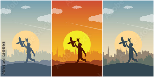 Set of posters with concept of happiness and freedom or travel and tourism. The boy runs up a hill and letting the kite. Silhouette of a child on a background of a cityscape, a sun and a sky.