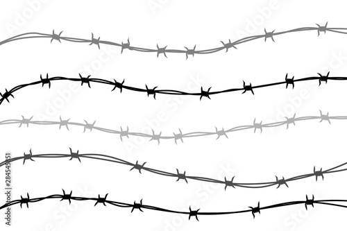 Several lines of barbed wire silhouette isolated on white