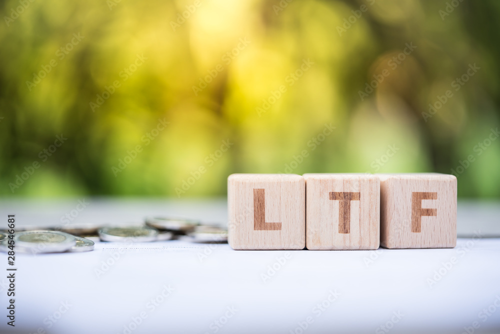 Word block LTF on payroll information form, and pile of coins. Income, expenses, tax, tax deduction, and financial data.