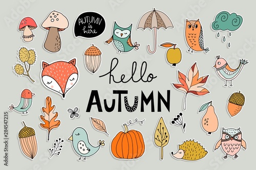 Hand drawn stickers collection with autumnal design