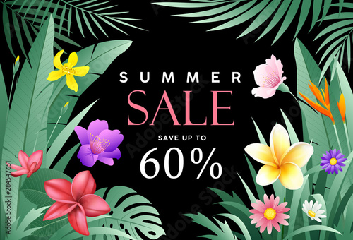 Banners Summer sale tropical vector with green feaf and flower on black background, illustration