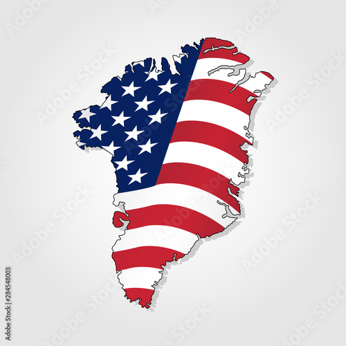 Map of Greenland combined with waving USA flag. Greenland silhouette or border for geographic themes - Vector