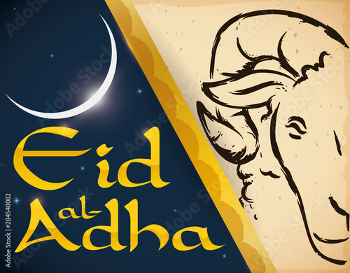 Night with Moon and Scroll with Ram for Eid al-Adha, Vector Illustration photo