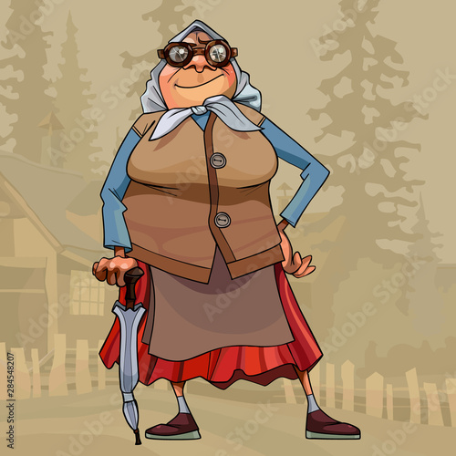 cartoon harsh village grandmother stands with a cane umbrella in hand