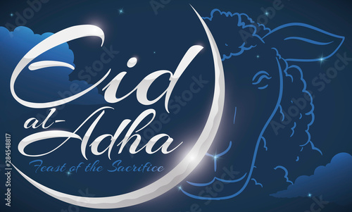 Night with Starry Sky, Moon and Lamb for Eid al-Adha, Vector Illustration