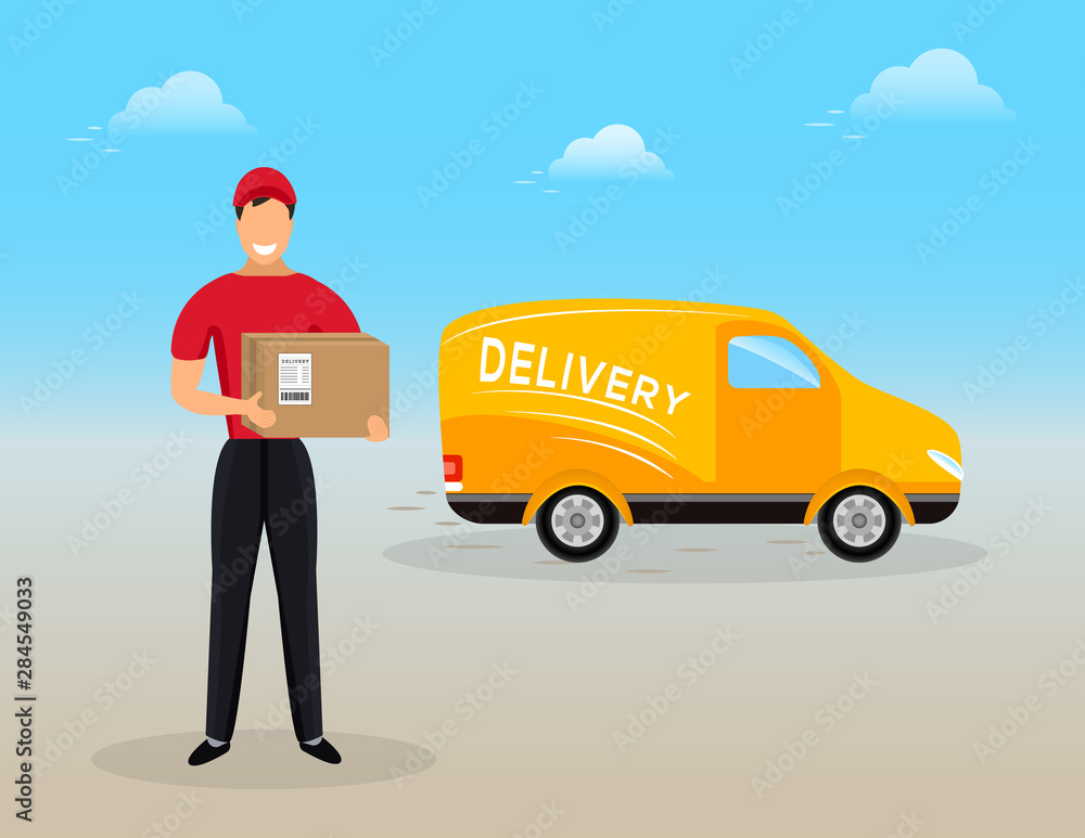 Fast delivery man in red uniform standing in front of delivery van and holding boxes. Vector illustration Fast delivery man in red uniform standing in front of delivery van and holding boxes. Vector illustration