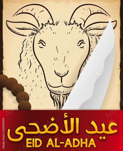 Scroll with Goat, Knife and String Beads for Eid al-Adha, Vector Illustration