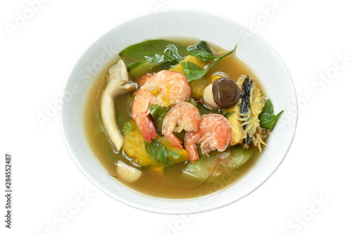 boiled spicy mixed vegetable with shrimp and smoked dry fish soup on bowl