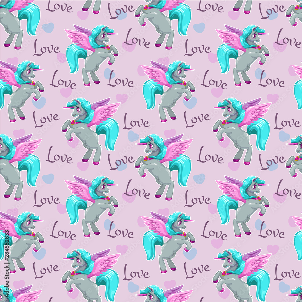 Fototapeta premium Fantasy wallpaper tle with cute pegasus. Beautiful fairy seamless pattern.