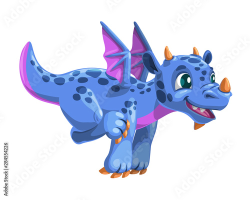 Little cartoon blue flying dragon. Vector friendly fantasy monster illustration.