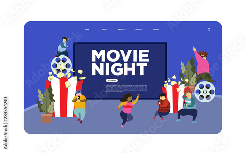 Movie night with friends. Watching film on big screen with sound system. Open air cinema, outdoor movie theater, backyard theater gear concept. Bright vibrant violet vector isolated illustration