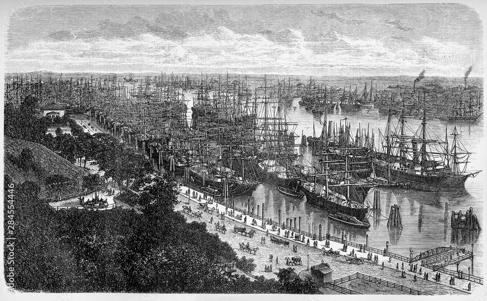 The great expansion of Hamburg harbor in the middle of 19th century  important trading center and third-largest port in Europe