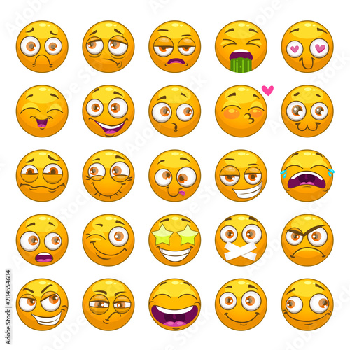 Funny cartoon yellow faces set. Emoji face collection.