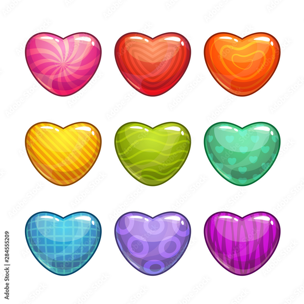 Cute cartoon colorful glossy heart shaped candies.